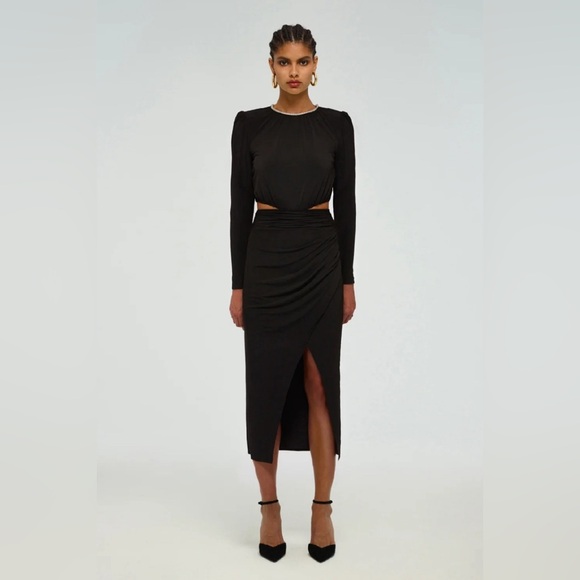Self-Portrait Dresses & Skirts - SELF-PORTRAIT Long Sleeve Cut-Out Rhinestone Black Jersey Midi Dress